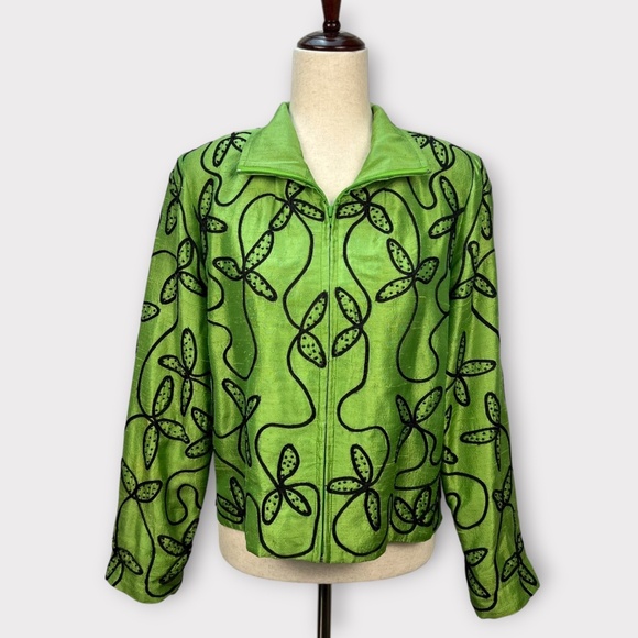 VINTAGE 90s Anage 100% Silk Women Jacket Blazer Embroider Green Christmas SMALL - Picture 1 of 16